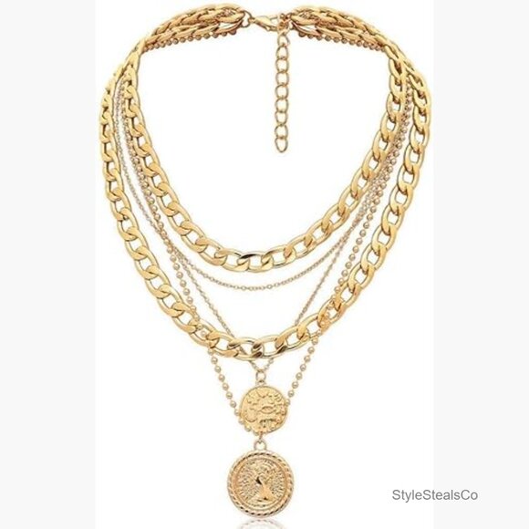 Jewelry - Layered Retro Coin Pendant Choker Necklace Adjustable Chain Zinc Alloy